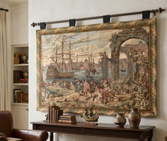 Vintage French Pictorial Sea Side Tapestry Wall Hanging Coastal Scenic Woven