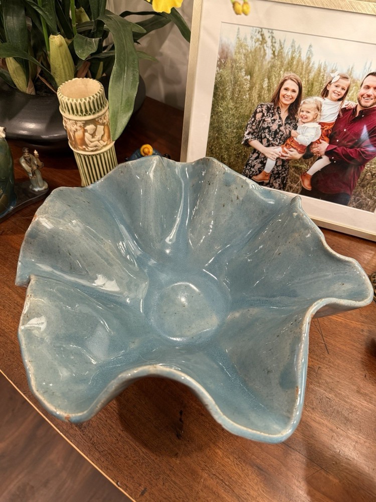 Handmade Large Blue Clay Decorative Wavy Asymmetrical Bowl Centerpiece-14” X 6”