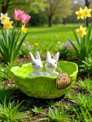 Spring Bunny & Cabbage Dish Rabbit Hill Farm Bunnies in Cabbage Leaf 7.75″ NEW