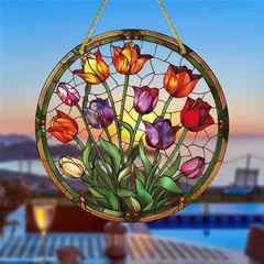 Colorful Tulip Acrylic Suncatcher Home Living Room Round Window Hanging Decor