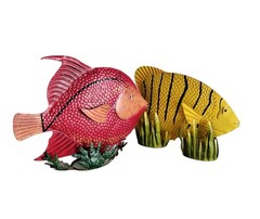 2 Metal Fish Sculptures Seagrass Base 15″ Yellow Tiger Stripe 14″ Red Angelfish