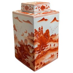 US Seller – Red Orange Porcelain Scenery Chinese Tea Jar