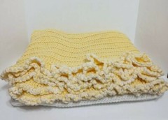 Vintage Yellow White Crochet Blanket Afghan 65×80″ Ruffled Colorblock Cottage