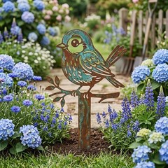 Metal Bird Garden Screen, Rustic Outdoor Stake, Animal Yard Art