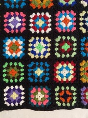 Vintage Granny Square Afghan Hand Crochet Multi-Color Black Blanket 63×46 Retro
