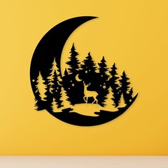 Deer In The Forest Pine Moon Tree Wall Art Metal Rustic Hanging Wall Decor