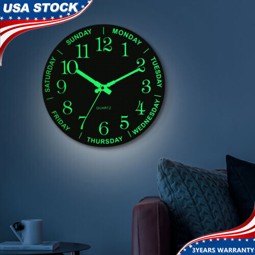12Inch Large Modern Luminous Night Light Wall Clock Silent Wood Battery operated