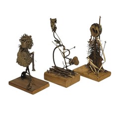 VTG Handmade Folk Art Twig Sculptures Set Wood Base Rustic Nature Figures 3pc