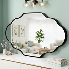 Black Scalloped Bathroom Mirror, Irregular Wall Mirror with Brushed Metal Frame,