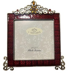 Ornate Red & Gold 4×4 Photo Frame Decorative Scroll Metal Stand Jeweled Accent