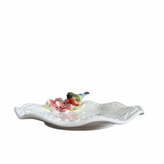 Corner Ruby Botanical Collection 3D Floral Bird Ceramic Catchall Dish 9in New