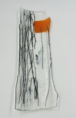 Clear Fused Glass Rectangle Threaded Art Glass Bowl Decor Orange & Black