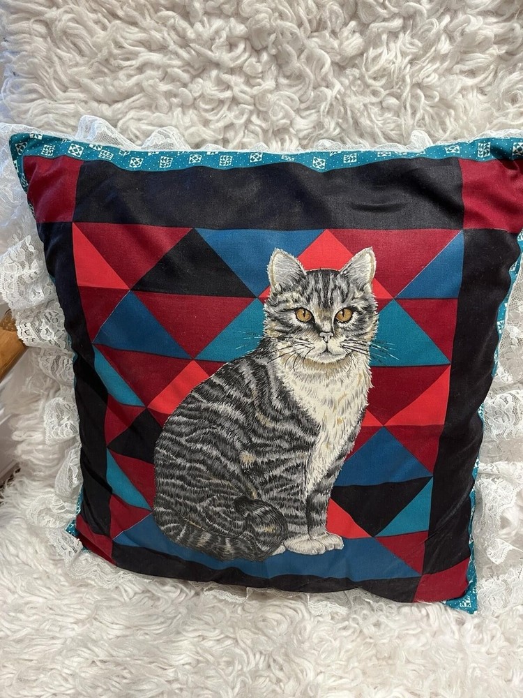 14×14” Tabby Kitty Cat 90s Colorblock Lace Edge Throw Pillow Teal Red Black