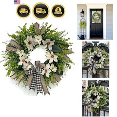 24 Inch Magnolia Wreath Farmhouse Door Decor Greenery Buffalo Plaid Bow