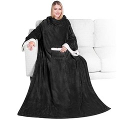 Blanket with Sleeves for Women Men Adults, Wearable Blanket Warm Fleece Black