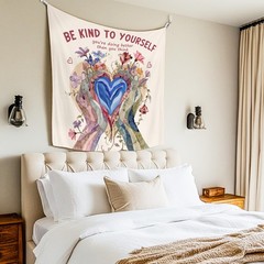 Inspirational Mental Health Wall Tapestry, Be Kind to Yourself Floral Heart i…