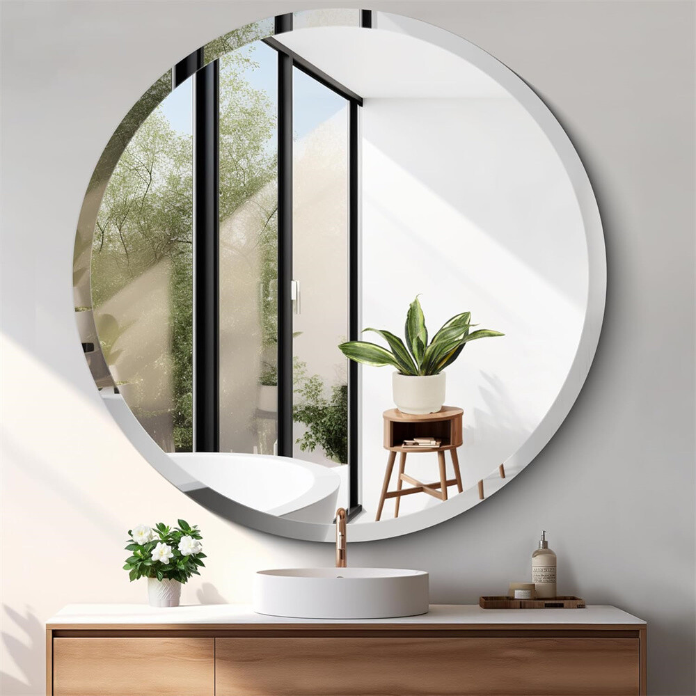 Large Round Frameless Bathroom Mirror Beveled Circle Vanity Wall Mirrors 24/32in