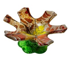 Murano Art Glass Flower Shape Bowl Red Orange Yellow Green Leaf Base Signed 2019
