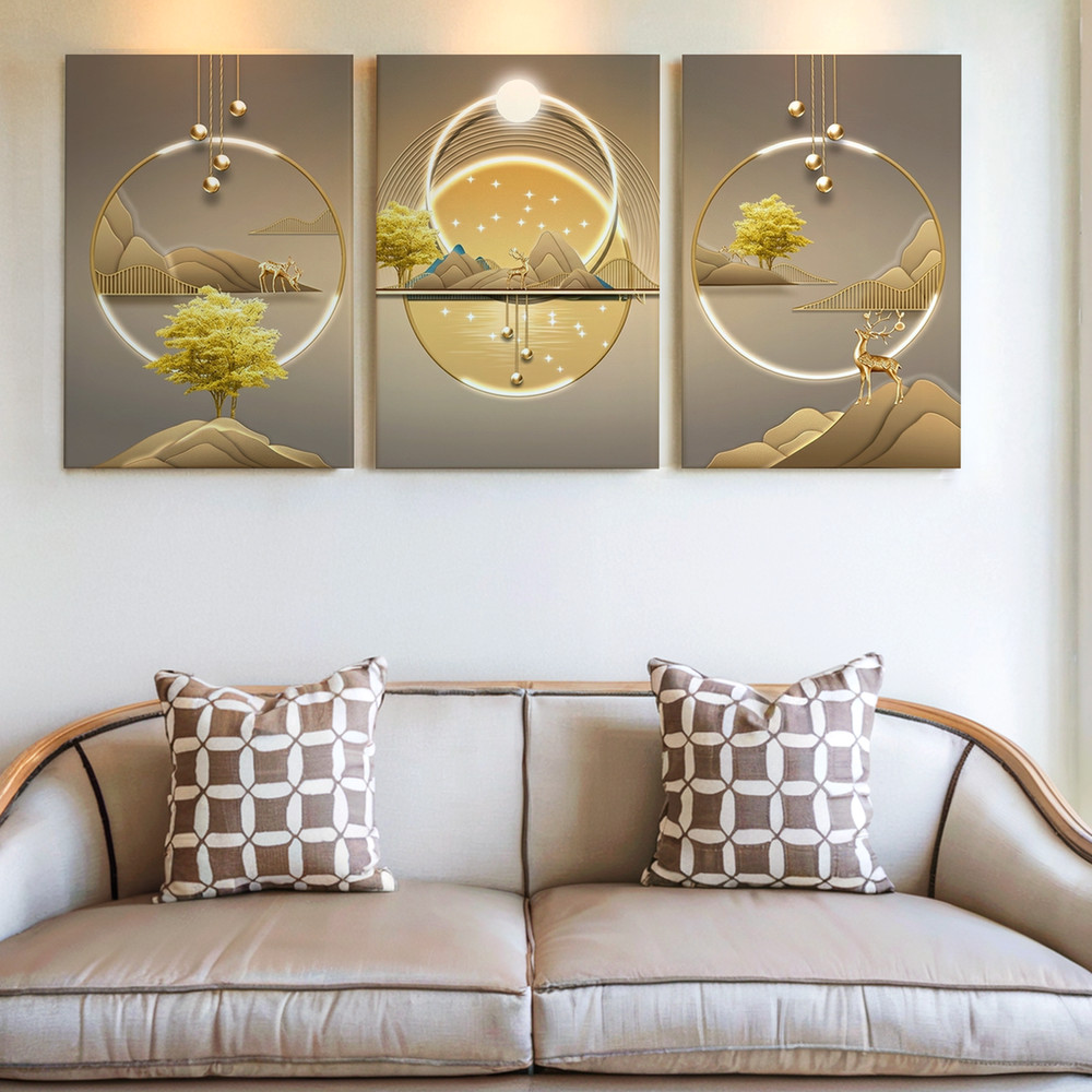 3 Pieces Golden Landscape Deer Trees Circular Design Gold Large Wall Art Decor
