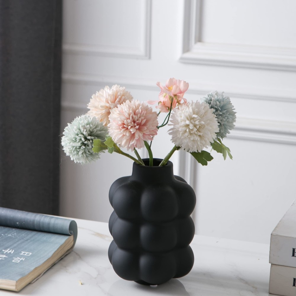 Black Ceramic Vase – Small Spherical Flower Vase for Centerpiece, Three Floor…