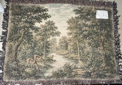 Fringed Woven Tapestry Wall Hanging Deer Forest Landscape Horizontal Green Brown