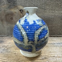 Vintage Signed Art Pottery Drip Glaze Bud Vase 4″ Blue & Brown Ceramic | Rustic