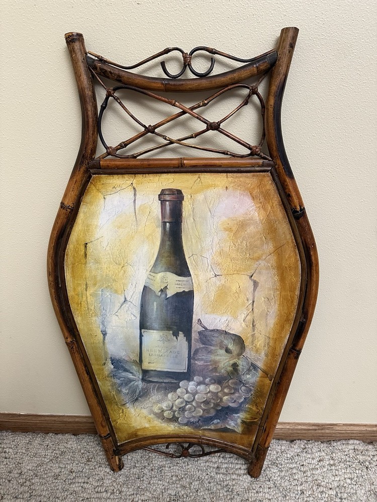 Vintage Bamboo Rattan Framed Wall Hanging of Wine And Grapes