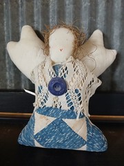 Vintage Handmade Angel from Old Quilt, Lace and Button 9 x 9 inches