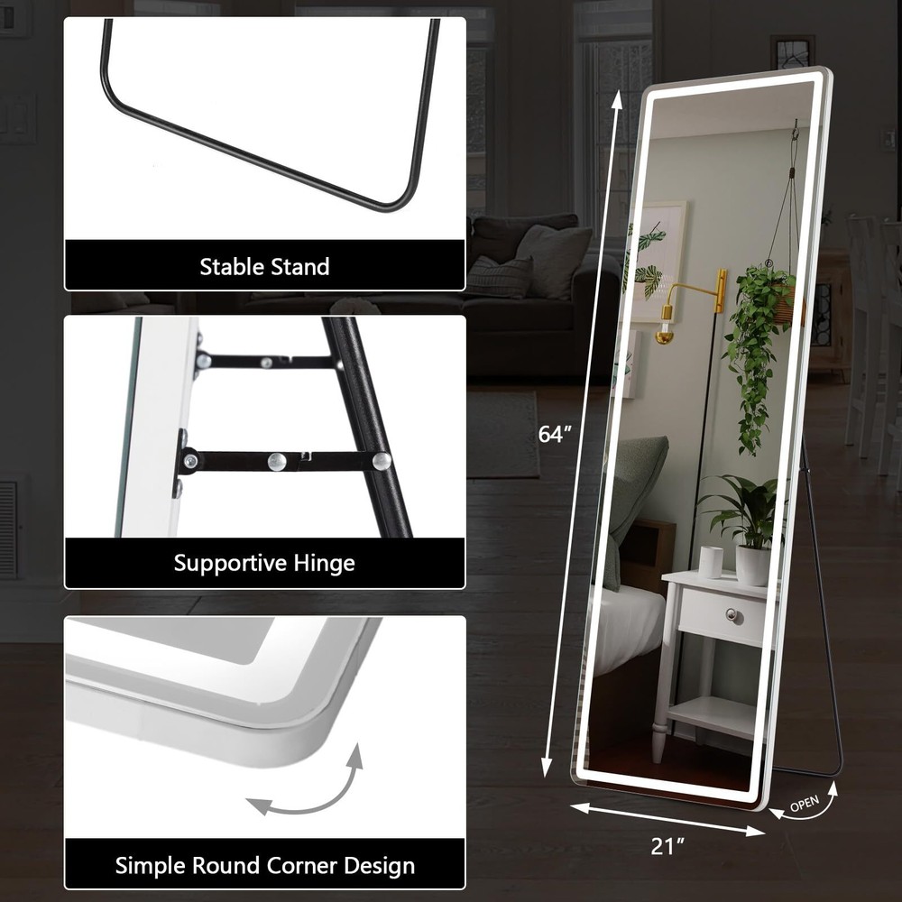 Full Length Mirror with LED Lights with Dimming & 3 Color Lighting for Bedroom
