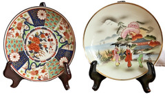 Art Plates Asian porcelain gold rim flowers blue red pink pagoda mountain tree