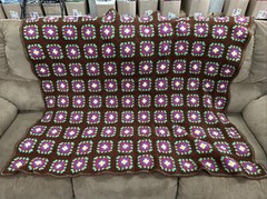 Vtg 70s Brown Multicolor Flower Square Afghan Blanket Granny Crochet Throw 48×60