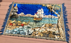 Vintage Velvet Tapestry Rug Blue Fringe Fishermen Ship Nautical 64″ x 37″