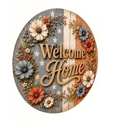 15″ Round Welcome Home Wood Sign Patriotic Americana Stars Stripes Wall Art Deco