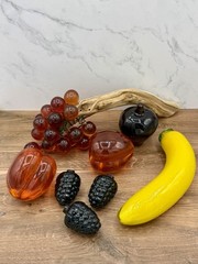 Vintage MCM Lucite And Glass Fruit Grapes On Wood Stem Peach Apple Mixed Fruit