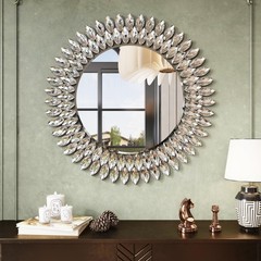 Round Jeweled Mirror for Wall Decor, 26 in Modern Decorative Wall Mirror with…