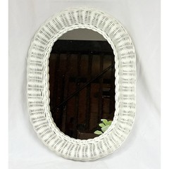 Vintage Oval Wood Wicker Rattan White Wall Mirror Cottage BOHO 21″ x 15″