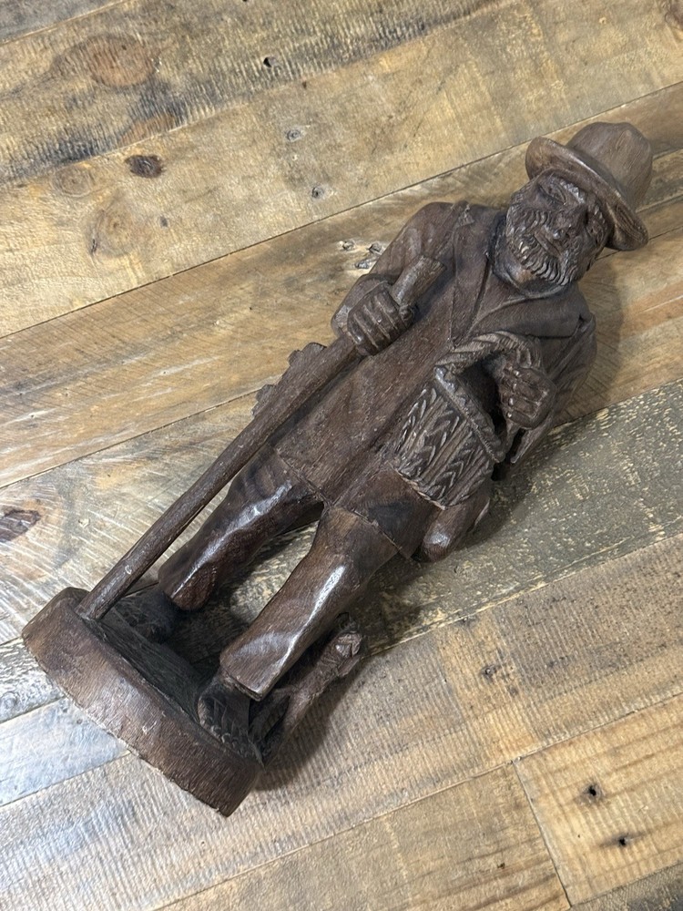 Vintage Hand Carved Wood Folk Art Traveler Man Dog Figurine Statue 16″ Rustic