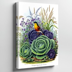 Vibrant Botanical Scene Featuring A Colorful Bird Perched Amidst Lush Wall Art