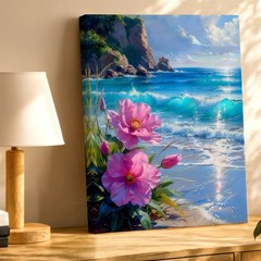 Wall Art Coastal Beach Seascape Pink Flowers Ocean Waves Cliff Canvas Print