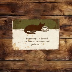 Vintage Cat Tea Cup «Serenity» Metal Art Sign Rustic Cafe Iron Painting Decor