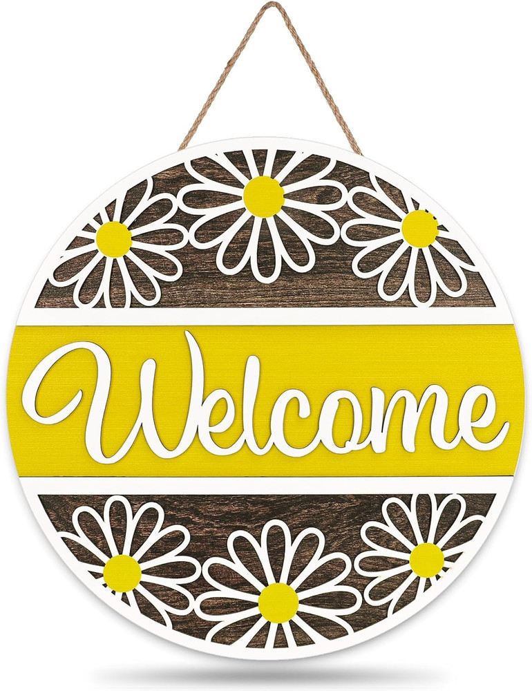 3D Daisy Welcome Door Sign Yellow White Flower Wooden Hanging Sign Front Door Ha