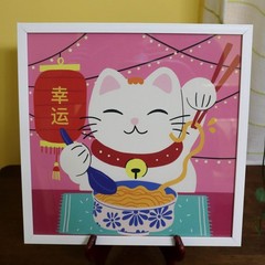 Sapna Shah Lucky Cat Eating Ramen Framed Canvas Art Print 14″ Maneki-neko Kawaii