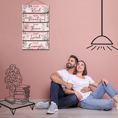 5 Pieces Pink Wall Decor for Girls Floral Wooden Wall Hanging Wall Art Teen W…