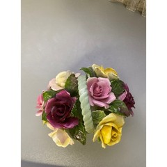 Vintage Porcelain Rose Basket Figurine Floral Arrangement Green Basket