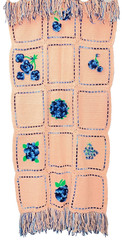 Vintage 1980s pink floral afghan blue embroidered peach throw blanket shawl wrap