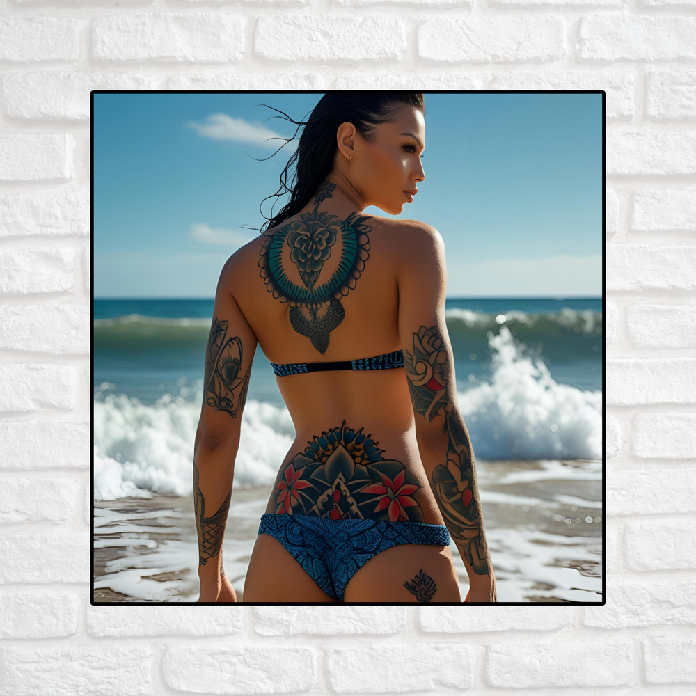 Pinup girl sticker vinyl decal sexy seductive bikini tattoo ocean beach brunette