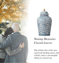 Blue Flowers Urn Adult Ashes – 11.6 Inches 200 Lb Ceramics Decorative Memorial L
