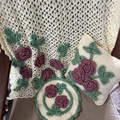 3pc Handmade Crochet 3D Rose Small Afghan, Pillow & 11” D Wall Hanging 35×39”