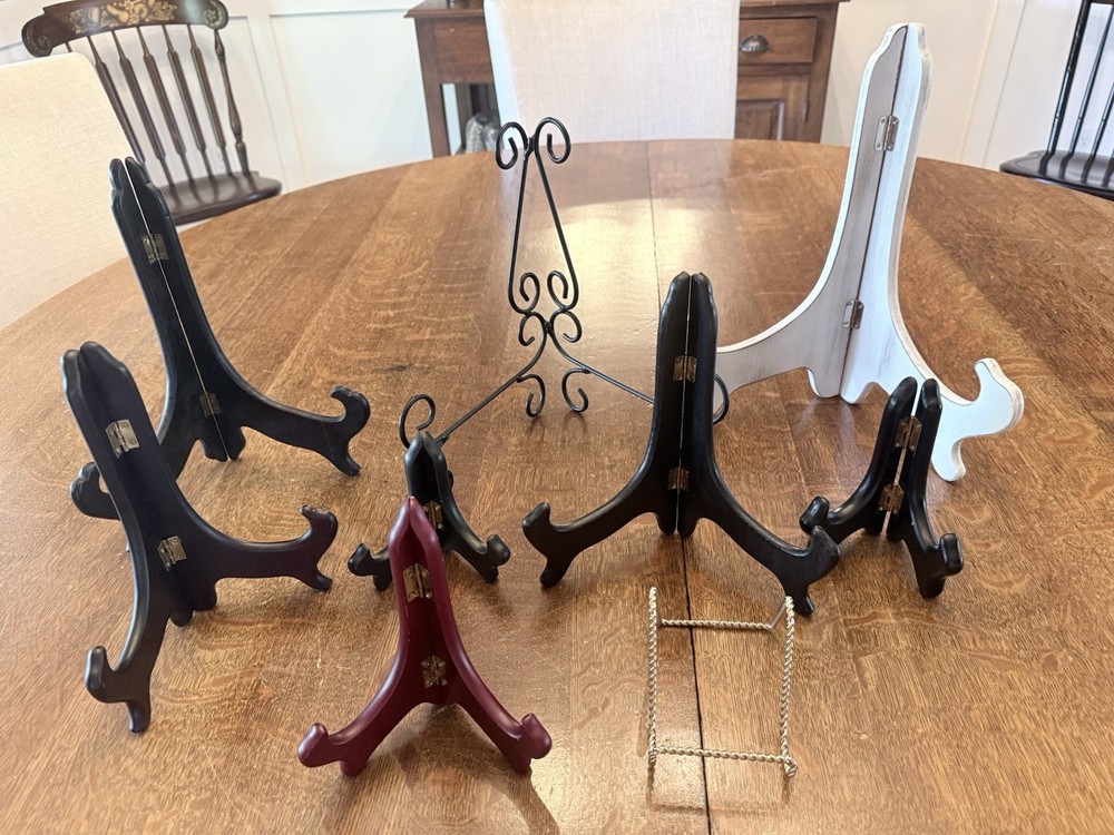Mixed vtg lot, 9 Photo Easels, Plate Saucer display rack stand, Black/Dk Brown,