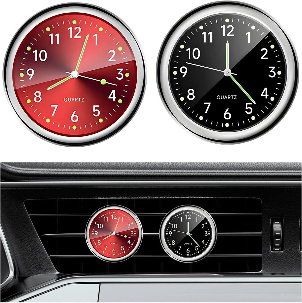 2PCS Stick on Dashboard Car Clock, Mini Luminous Automotive Vent Clip Quartz Clo